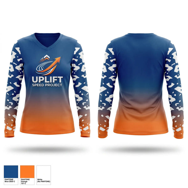 Womens Long Sleeve Vneck Shirt, Uplift speed Project, Track & Field, Teamtime, Team time, sublimation, custom sports apparel, team uniforms, spirit wear, spiritwear, sports uniforms, custom shirts, team store, custom team store, fundraiser sports, apparel fundraiser