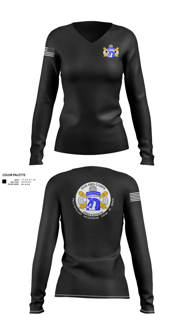 Womens Long Sleeve Vneck Shirt, XVIII Airborne Corps G34 FIRES, Army, Teamtime, Team time, sublimation, custom sports apparel, team uniforms, spirit wear, spiritwear, sports uniforms, custom shirts, team store, custom team store, fundraiser sports, apparel fundraiser