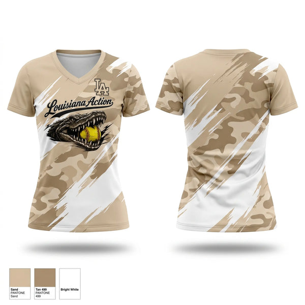 Womens Short Sleeve Vneck Shirt, Louisiana Action, Softball, Teamtime, Team time, sublimation, custom sports apparel, team uniforms, spirit wear, spiritwear, sports uniforms, custom shirts, team store, custom team store, fundraiser sports, apparel fundraiser