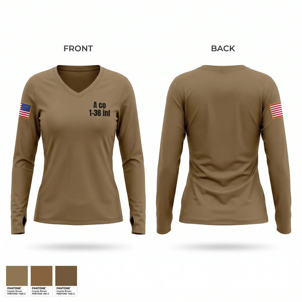 Womens Long Sleeve Vneck Shirt, A co 1/38 inf, Army, Teamtime, Team time, sublimation, custom sports apparel, team uniforms, spirit wear, spiritwear, sports uniforms, custom shirts, team store, custom team store, fundraiser sports, apparel fundraiser