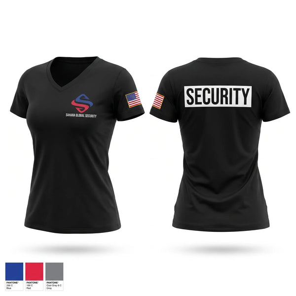 Womens Short Sleeve Vneck Shirt, Sahara Global Security, Police, Teamtime, Team time, sublimation, custom sports apparel, team uniforms, spirit wear, spiritwear, sports uniforms, custom shirts, team store, custom team store, fundraiser sports, apparel fundraiser