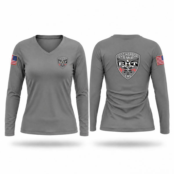 Womens Long Sleeve Vneck Shirt, Egg Harbor Twp EMS, EMS/EMT, Teamtime, Team time, sublimation, custom sports apparel, team uniforms, spirit wear, spiritwear, sports uniforms, custom shirts, team store, custom team store, fundraiser sports, apparel fundraiser