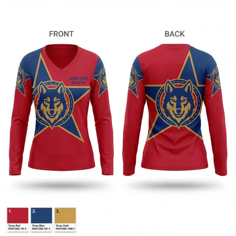 Womens Long Sleeve Vneck Shirt, LoneStar Wolfs, Softball, Teamtime, Team time, sublimation, custom sports apparel, team uniforms, spirit wear, spiritwear, sports uniforms, custom shirts, team store, custom team store, fundraiser sports, apparel fundraiser