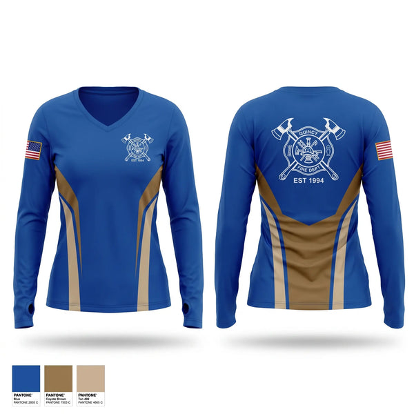 Womens Long Sleeve Vneck Shirt, Quincy fire department, Fire Department, Teamtime, Team time, sublimation, custom sports apparel, team uniforms, spirit wear, spiritwear, sports uniforms, custom shirts, team store, custom team store, fundraiser sports, apparel fundraiser