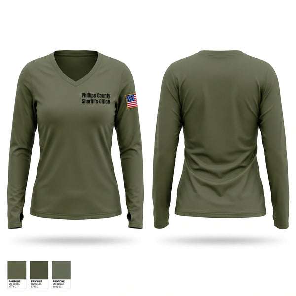 Womens Long Sleeve Vneck Shirt, Phillips County Sheriff's Office, Police, Teamtime, Team time, sublimation, custom sports apparel, team uniforms, spirit wear, spiritwear, sports uniforms, custom shirts, team store, custom team store, fundraiser sports, apparel fundraiser