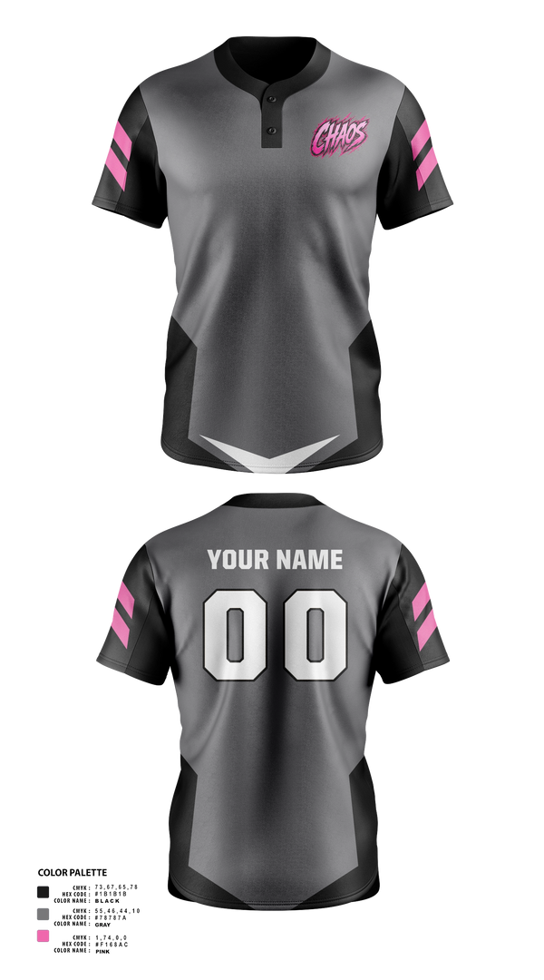 Two Button Softball Jersey, Chaos, Softball, Teamtime, Team time, sublimation, custom sports apparel, team uniforms, spirit wear, spiritwear, sports uniforms, custom shirts, team store, custom team store, fundraiser sports, apparel fundraiser