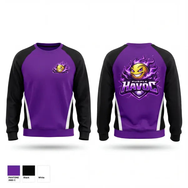 Crew Neck Sweatshirt, Purple Havoc, Softball, Teamtime, Team time, sublimation, custom sports apparel, team uniforms, spirit wear, spiritwear, sports uniforms, custom shirts, team store, custom team store, fundraiser sports, apparel fundraiser