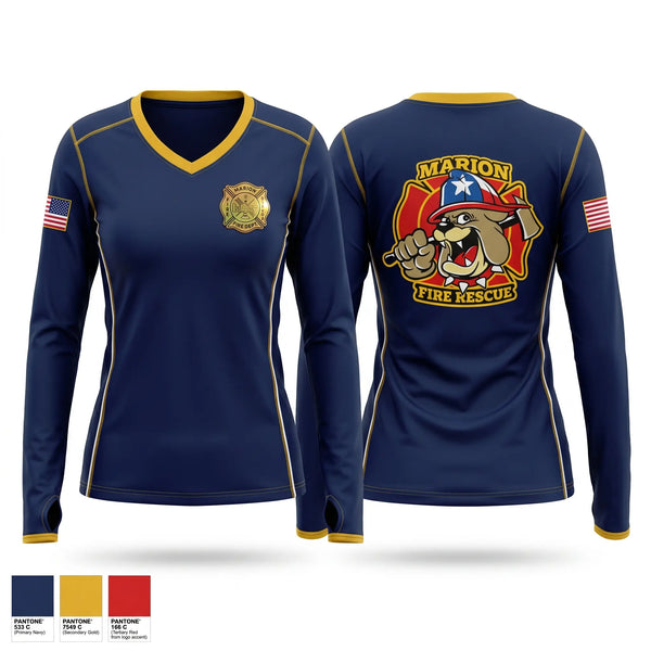Womens Long Sleeve Vneck Shirt, Marion Fire Rescue, Fire Department, Teamtime, Team time, sublimation, custom sports apparel, team uniforms, spirit wear, spiritwear, sports uniforms, custom shirts, team store, custom team store, fundraiser sports, apparel fundraiser