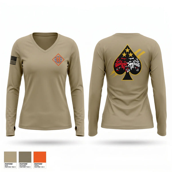 Womens Long Sleeve Vneck Shirt, PLAYMAKERS, Army, Teamtime, Team time, sublimation, custom sports apparel, team uniforms, spirit wear, spiritwear, sports uniforms, custom shirts, team store, custom team store, fundraiser sports, apparel fundraiser