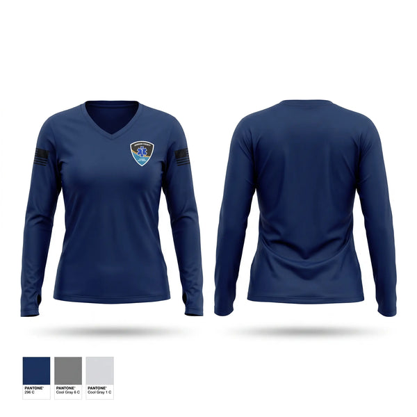 Womens Long Sleeve Vneck Shirt, Jackson county ems, EMS/EMT, Teamtime, Team time, sublimation, custom sports apparel, team uniforms, spirit wear, spiritwear, sports uniforms, custom shirts, team store, custom team store, fundraiser sports, apparel fundraiser