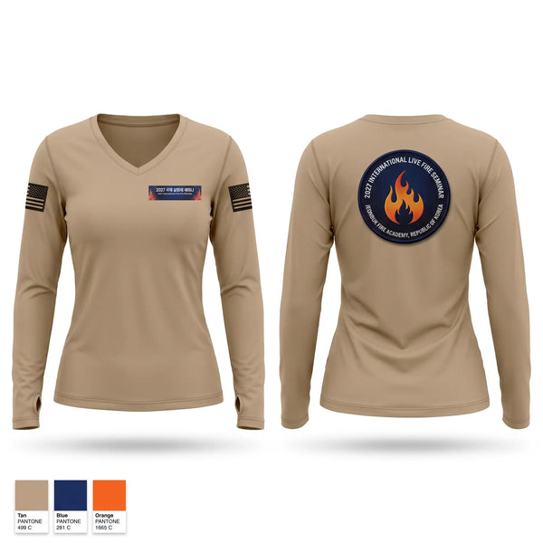 Womens Long Sleeve Vneck Shirt, 2027 international live fire seminar, Fire Department, Teamtime, Team time, sublimation, custom sports apparel, team uniforms, spirit wear, spiritwear, sports uniforms, custom shirts, team store, custom team store, fundraiser sports, apparel fundraiser