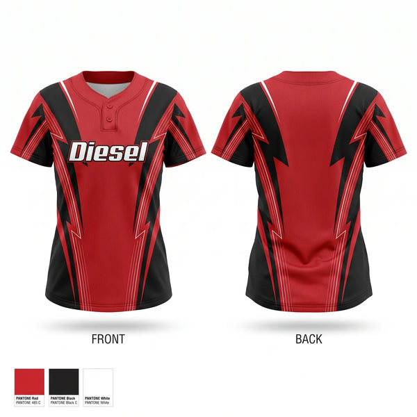 Two Button Softball Jersey, Diesel, Softball, Teamtime, Team time, sublimation, custom sports apparel, team uniforms, spirit wear, spiritwear, sports uniforms, custom shirts, team store, custom team store, fundraiser sports, apparel fundraiser