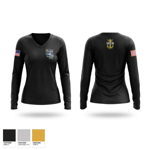Womens Long Sleeve Vneck Shirt, USS NEVADA Chief’s Mess, Navy, Teamtime, Team time, sublimation, custom sports apparel, team uniforms, spirit wear, spiritwear, sports uniforms, custom shirts, team store, custom team store, fundraiser sports, apparel fundraiser