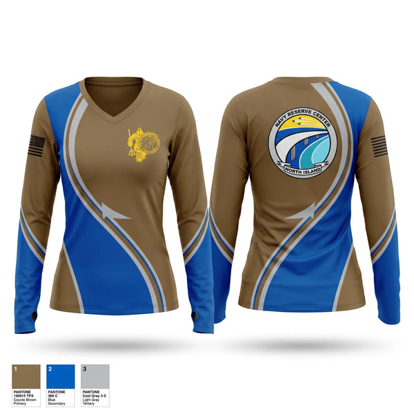 Womens Long Sleeve Vneck Shirt, NRC North Island, Navy, Teamtime, Team time, sublimation, custom sports apparel, team uniforms, spirit wear, spiritwear, sports uniforms, custom shirts, team store, custom team store, fundraiser sports, apparel fundraiser