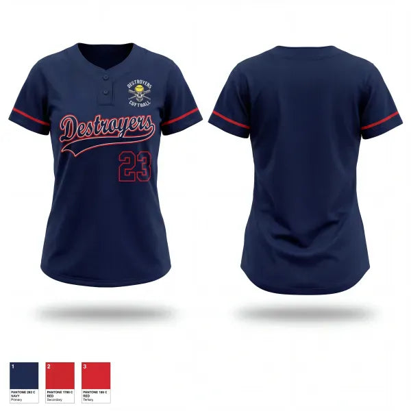Two Button Softball Jersey, Destroyers, Softball, Teamtime, Team time, sublimation, custom sports apparel, team uniforms, spirit wear, spiritwear, sports uniforms, custom shirts, team store, custom team store, fundraiser sports, apparel fundraiser