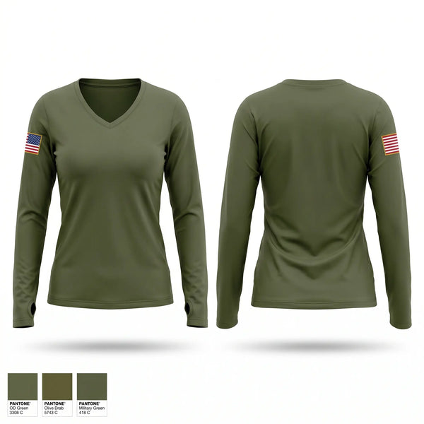 Womens Long Sleeve Vneck Shirt, J.W Nixon JROTC mustangs, Army, Teamtime, Team time, sublimation, custom sports apparel, team uniforms, spirit wear, spiritwear, sports uniforms, custom shirts, team store, custom team store, fundraiser sports, apparel fundraiser