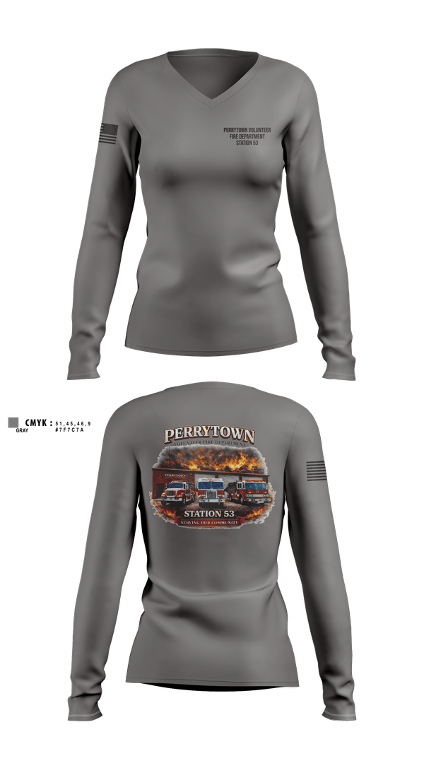 Womens Long Sleeve Vneck Shirt, Perrytown Volunteer Fire Department, Fire Department, Teamtime, Team time, sublimation, custom sports apparel, team uniforms, spirit wear, spiritwear, sports uniforms, custom shirts, team store, custom team store, fundraiser sports, apparel fundraiser