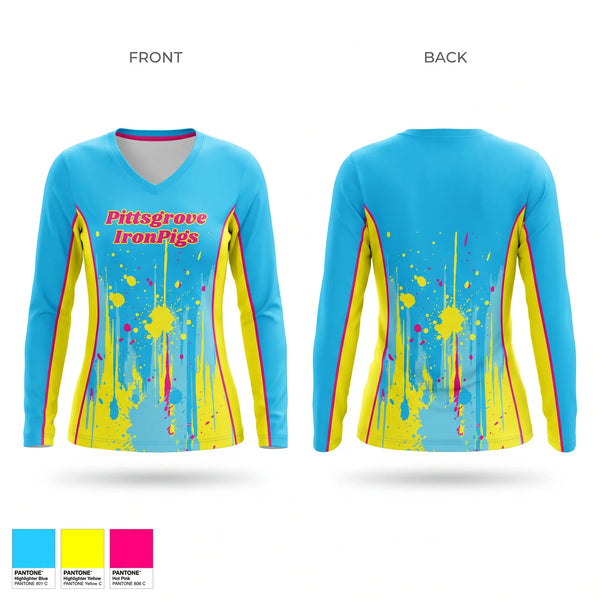 Womens Long Sleeve Vneck Shirt, Pittsgrove IronPigs, Baseball, Teamtime, Team time, sublimation, custom sports apparel, team uniforms, spirit wear, spiritwear, sports uniforms, custom shirts, team store, custom team store, fundraiser sports, apparel fundraiser