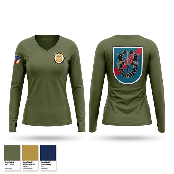 Womens Long Sleeve Vneck Shirt, 3/20th Special Forces Group, Army, Teamtime, Team time, sublimation, custom sports apparel, team uniforms, spirit wear, spiritwear, sports uniforms, custom shirts, team store, custom team store, fundraiser sports, apparel fundraiser