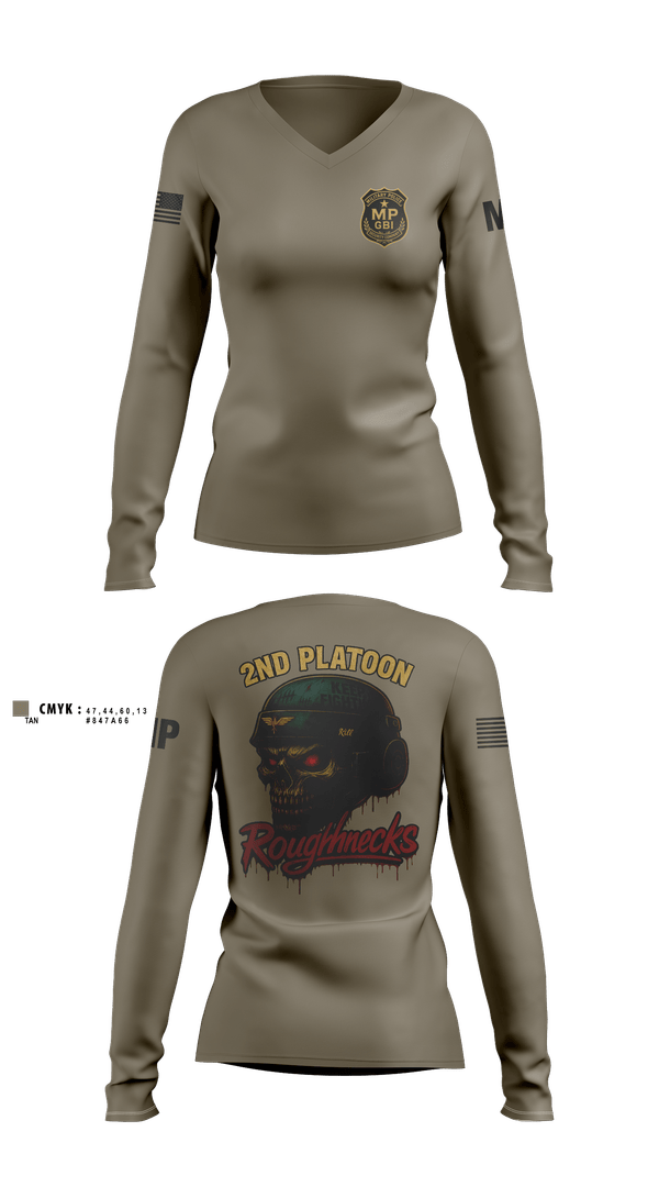 Womens Long Sleeve Vneck Shirt, 2nd Platoon roughnecks 49th, Army, Teamtime, Team time, sublimation, custom sports apparel, team uniforms, spirit wear, spiritwear, sports uniforms, custom shirts, team store, custom team store, fundraiser sports, apparel fundraiser