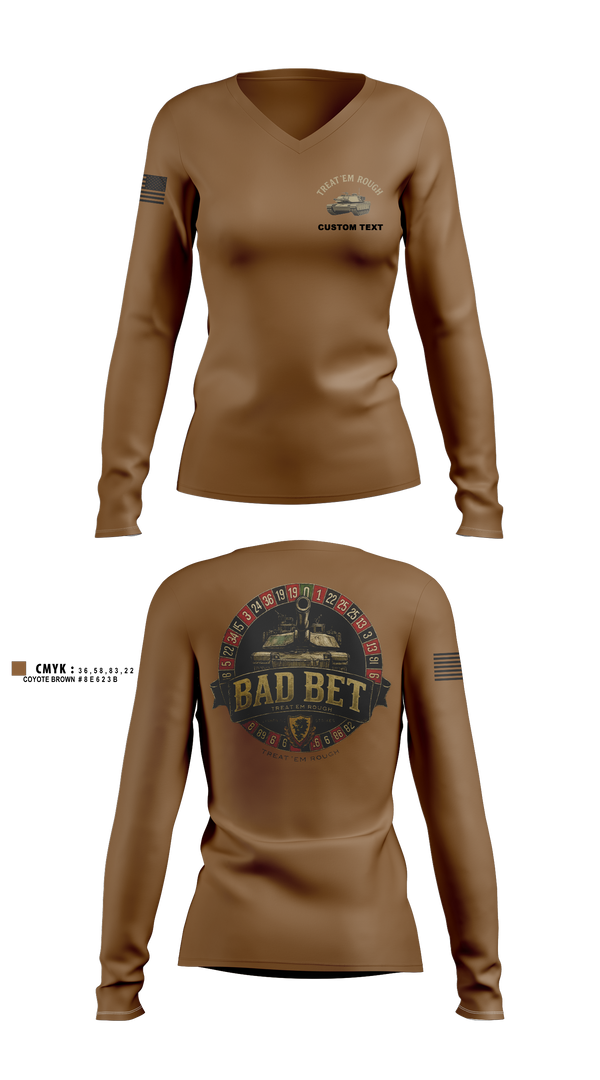 Womens Long Sleeve Vneck Shirt, BadBet Company, 2-12CAV, Army, Teamtime, Team time, sublimation, custom sports apparel, team uniforms, spirit wear, spiritwear, sports uniforms, custom shirts, team store, custom team store, fundraiser sports, apparel fundraiser