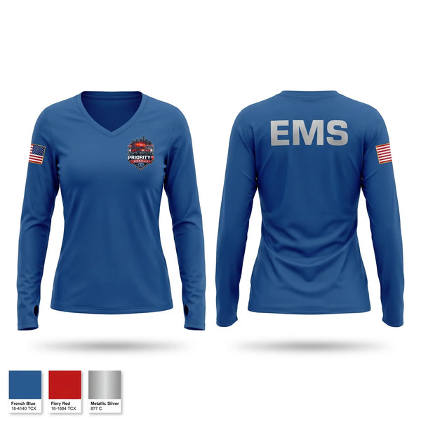 Womens Long Sleeve Vneck Shirt, Priority 1 Rescue, EMS/EMT, Teamtime, Team time, sublimation, custom sports apparel, team uniforms, spirit wear, spiritwear, sports uniforms, custom shirts, team store, custom team store, fundraiser sports, apparel fundraiser
