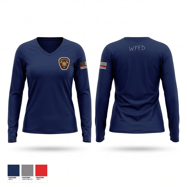 Womens Long Sleeve Vneck Shirt, West Fork Fire Department, Fire Department, Teamtime, Team time, sublimation, custom sports apparel, team uniforms, spirit wear, spiritwear, sports uniforms, custom shirts, team store, custom team store, fundraiser sports, apparel fundraiser