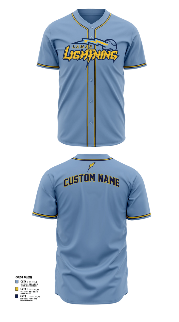 Full Button Baseball Jersey, Lamar Lightening, Baseball, Teamtime, Team time, sublimation, custom sports apparel, team uniforms, spirit wear, spiritwear, sports uniforms, custom shirts, team store, custom team store, fundraiser sports, apparel fundraiser