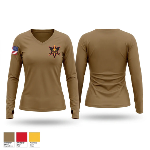 Womens Long Sleeve Vneck Shirt, 143rd RSG, National Guard, Teamtime, Team time, sublimation, custom sports apparel, team uniforms, spirit wear, spiritwear, sports uniforms, custom shirts, team store, custom team store, fundraiser sports, apparel fundraiser