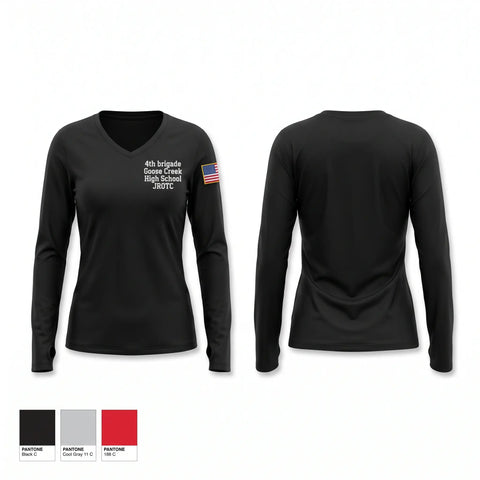 Womens Long Sleeve Vneck Shirt, 4th brigade Goose Creek High School JROTC, Bowling, Teamtime, Team time, sublimation, custom sports apparel, team uniforms, spirit wear, spiritwear, sports uniforms, custom shirts, team store, custom team store, fundraiser sports, apparel fundraiser