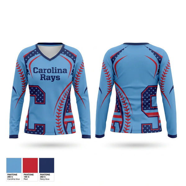 Womens Long Sleeve Vneck Shirt, Carolina Rays, Baseball, Teamtime, Team time, sublimation, custom sports apparel, team uniforms, spirit wear, spiritwear, sports uniforms, custom shirts, team store, custom team store, fundraiser sports, apparel fundraiser