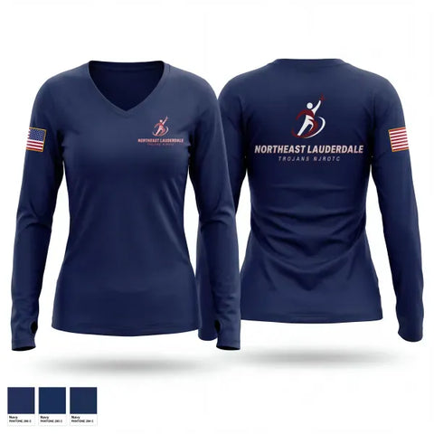 Womens Long Sleeve Vneck Shirt, Northeast Lauderdale Trojans NJROTC, Navy, Teamtime, Team time, sublimation, custom sports apparel, team uniforms, spirit wear, spiritwear, sports uniforms, custom shirts, team store, custom team store, fundraiser sports, apparel fundraiser