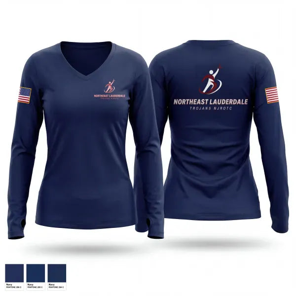 Womens Long Sleeve Vneck Shirt, Northeast Lauderdale Trojans NJROTC, Navy, Teamtime, Team time, sublimation, custom sports apparel, team uniforms, spirit wear, spiritwear, sports uniforms, custom shirts, team store, custom team store, fundraiser sports, apparel fundraiser