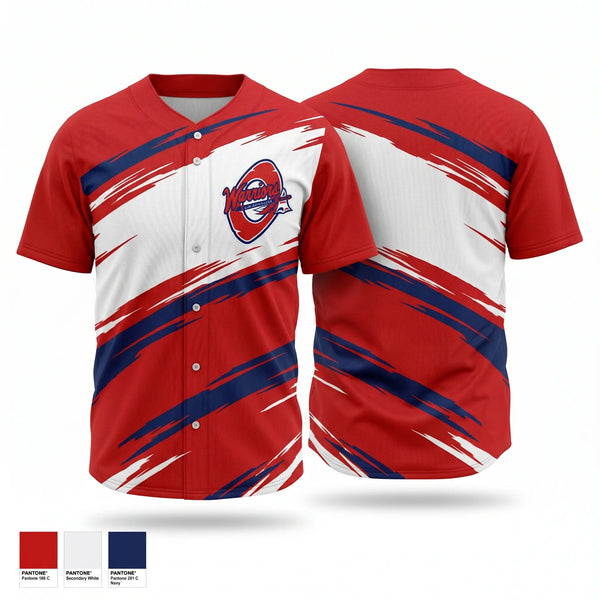 Full Button Baseball Jersey, Okeeheelee Warriors, Baseball, Teamtime, Team time, sublimation, custom sports apparel, team uniforms, spirit wear, spiritwear, sports uniforms, custom shirts, team store, custom team store, fundraiser sports, apparel fundraiser