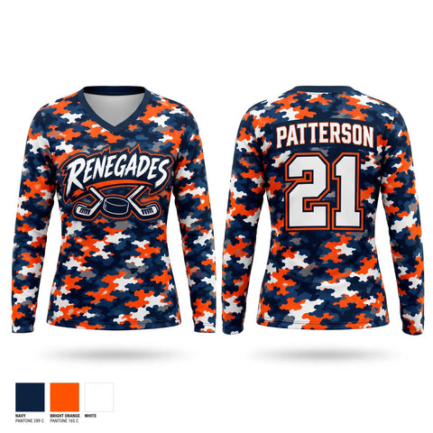 Womens Long Sleeve Vneck Shirt, Renegades, Ice Hockey, Teamtime, Team time, sublimation, custom sports apparel, team uniforms, spirit wear, spiritwear, sports uniforms, custom shirts, team store, custom team store, fundraiser sports, apparel fundraiser