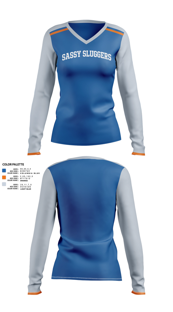 Womens Long Sleeve Vneck Shirt, Sassy sluggers, Softball, Teamtime, Team time, sublimation, custom sports apparel, team uniforms, spirit wear, spiritwear, sports uniforms, custom shirts, team store, custom team store, fundraiser sports, apparel fundraiser