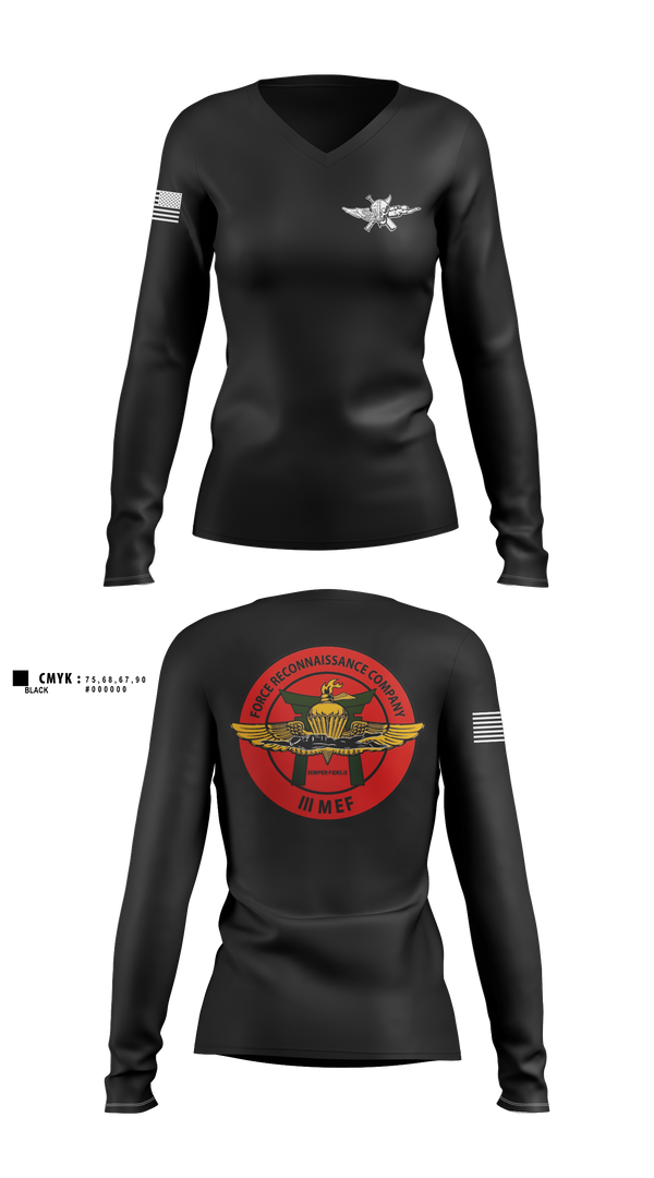 Womens Long Sleeve Vneck Shirt, 3rd Reconnaissance Battalion, Force Co, Marines, Teamtime, Team time, sublimation, custom sports apparel, team uniforms, spirit wear, spiritwear, sports uniforms, custom shirts, team store, custom team store, fundraiser sports, apparel fundraiser