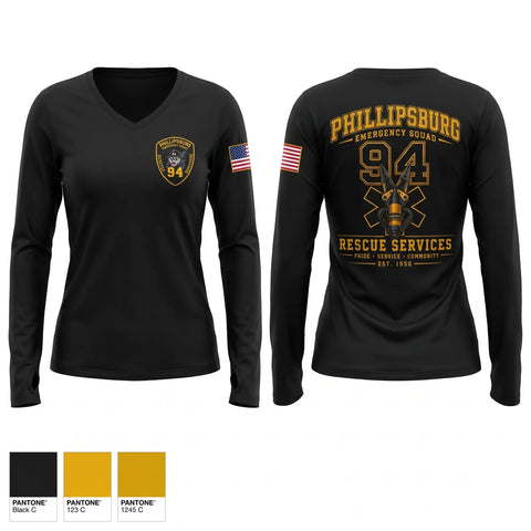 Womens Long Sleeve Vneck Shirt, Phillipsburg Emergency Squad - Rescue Services Division, EMS/EMT, Teamtime, Team time, sublimation, custom sports apparel, team uniforms, spirit wear, spiritwear, sports uniforms, custom shirts, team store, custom team store, fundraiser sports, apparel fundraiser