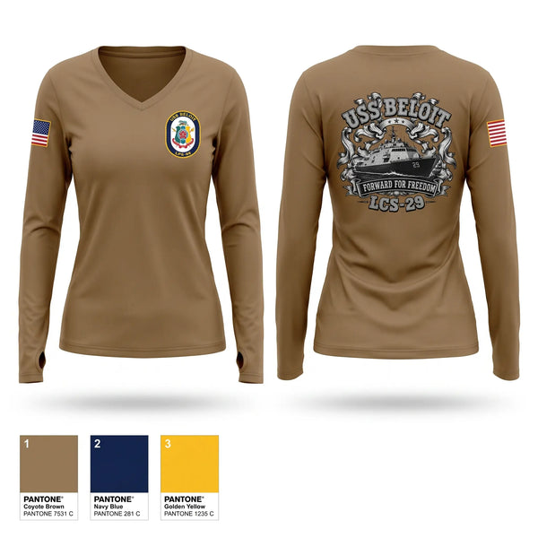 Womens Long Sleeve Vneck Shirt, USS Beloit, Navy, Teamtime, Team time, sublimation, custom sports apparel, team uniforms, spirit wear, spiritwear, sports uniforms, custom shirts, team store, custom team store, fundraiser sports, apparel fundraiser