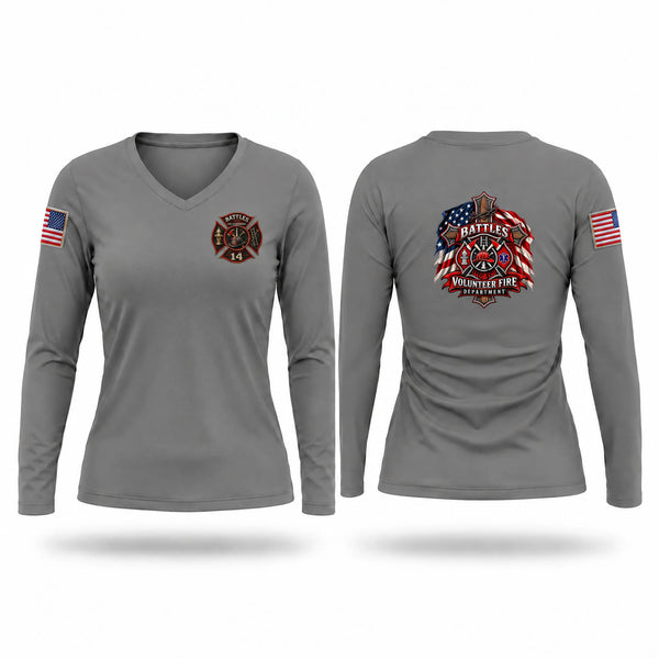 Womens Long Sleeve Vneck Shirt, Battles Fire Department, Fire Department, Teamtime, Team time, sublimation, custom sports apparel, team uniforms, spirit wear, spiritwear, sports uniforms, custom shirts, team store, custom team store, fundraiser sports, apparel fundraiser