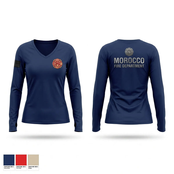 Womens Long Sleeve Vneck Shirt, Morocco Fire Department, Fire Department, Teamtime, Team time, sublimation, custom sports apparel, team uniforms, spirit wear, spiritwear, sports uniforms, custom shirts, team store, custom team store, fundraiser sports, apparel fundraiser