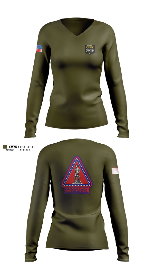 Womens Long Sleeve Vneck Shirt, Missouri Army National Guard Recruiting and Retention Battalion, National Guard, Teamtime, Team time, sublimation, custom sports apparel, team uniforms, spirit wear, spiritwear, sports uniforms, custom shirts, team store, custom team store, fundraiser sports, apparel fundraiser