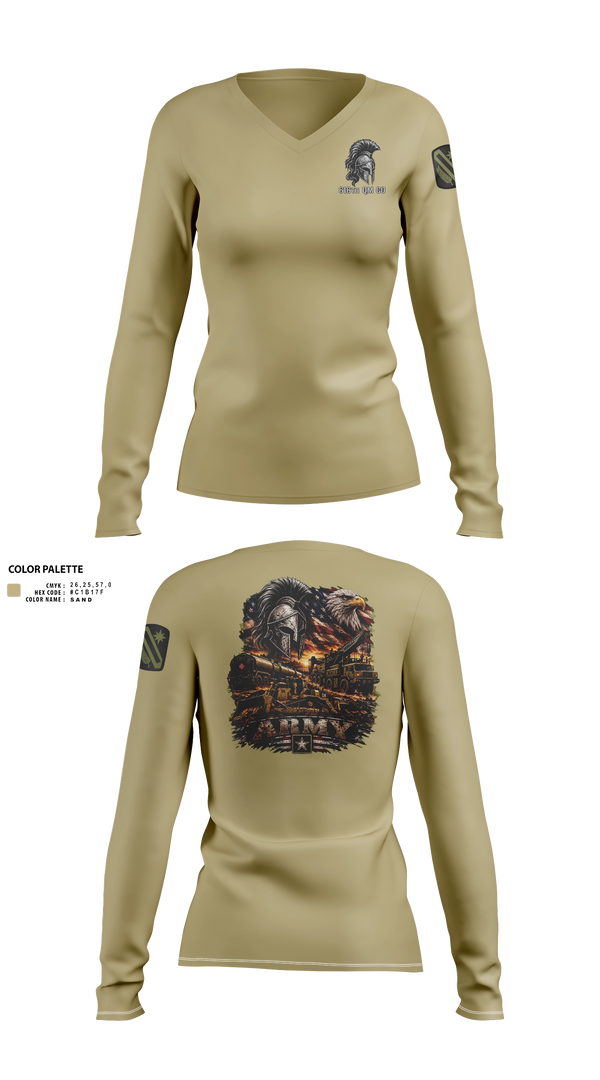 Womens Long Sleeve Vneck Shirt, 616th QM CO, Army, Teamtime, Team time, sublimation, custom sports apparel, team uniforms, spirit wear, spiritwear, sports uniforms, custom shirts, team store, custom team store, fundraiser sports, apparel fundraiser