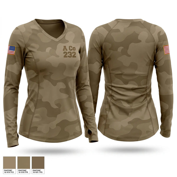 Womens Long Sleeve Vneck Shirt, A. Co 232, Army, Teamtime, Team time, sublimation, custom sports apparel, team uniforms, spirit wear, spiritwear, sports uniforms, custom shirts, team store, custom team store, fundraiser sports, apparel fundraiser