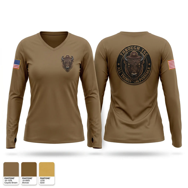 Womens Long Sleeve Vneck Shirt, Camp Edwards Training Site, National Guard, Teamtime, Team time, sublimation, custom sports apparel, team uniforms, spirit wear, spiritwear, sports uniforms, custom shirts, team store, custom team store, fundraiser sports, apparel fundraiser