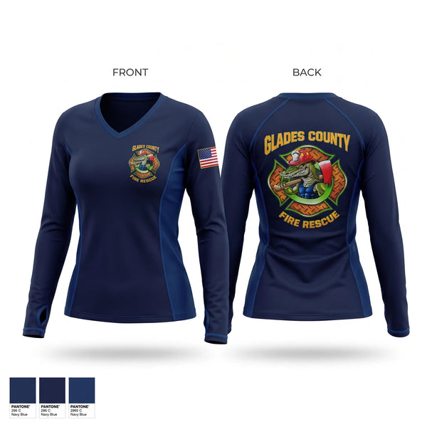 Womens Long Sleeve Vneck Shirt, Glades County Fire Rescue, Fire Department, Teamtime, Team time, sublimation, custom sports apparel, team uniforms, spirit wear, spiritwear, sports uniforms, custom shirts, team store, custom team store, fundraiser sports, apparel fundraiser