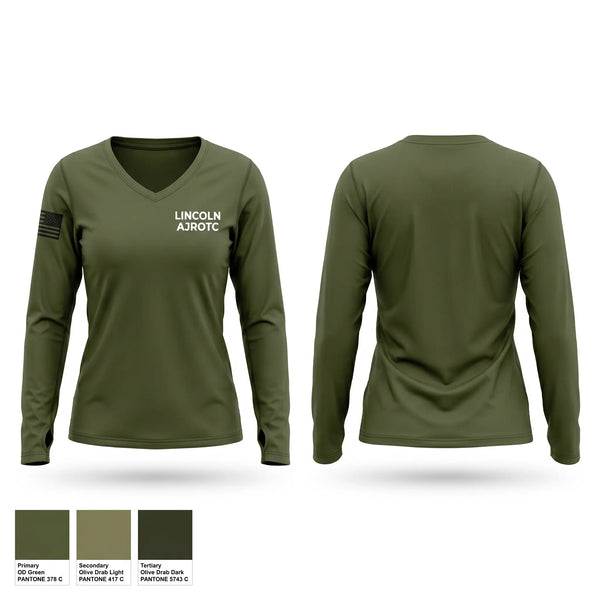 Womens Long Sleeve Vneck Shirt, LINCOLN AJROTC, Army, Teamtime, Team time, sublimation, custom sports apparel, team uniforms, spirit wear, spiritwear, sports uniforms, custom shirts, team store, custom team store, fundraiser sports, apparel fundraiser