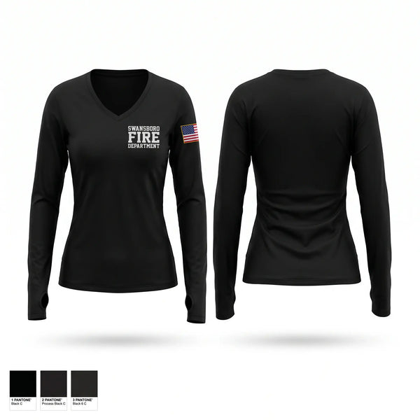 Womens Long Sleeve Vneck Shirt, Swansboro Fire Department, Fire Department, Teamtime, Team time, sublimation, custom sports apparel, team uniforms, spirit wear, spiritwear, sports uniforms, custom shirts, team store, custom team store, fundraiser sports, apparel fundraiser