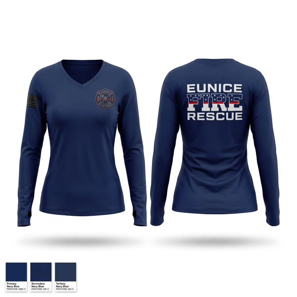 Womens Long Sleeve Vneck Shirt, Eunice Fire Department, Fire Department, Teamtime, Team time, sublimation, custom sports apparel, team uniforms, spirit wear, spiritwear, sports uniforms, custom shirts, team store, custom team store, fundraiser sports, apparel fundraiser