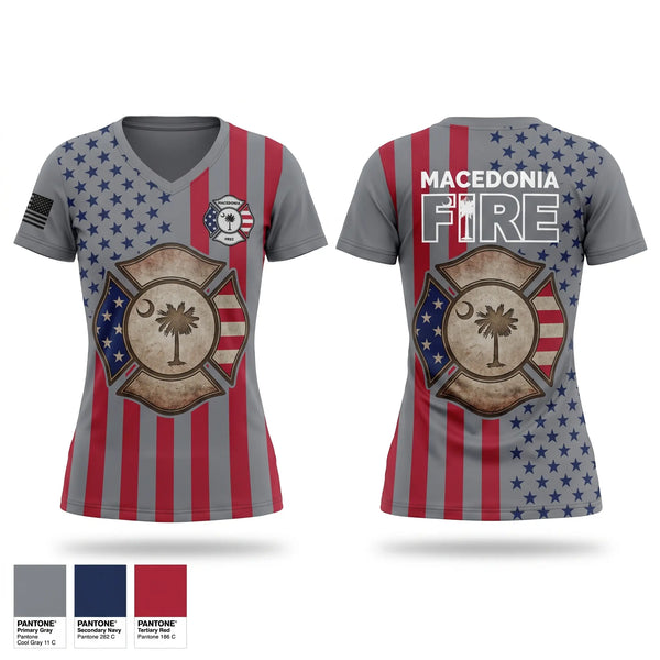 Womens Short Sleeve Vneck Shirt, Macedonia Fire Department, Fire Department, Teamtime, Team time, sublimation, custom sports apparel, team uniforms, spirit wear, spiritwear, sports uniforms, custom shirts, team store, custom team store, fundraiser sports, apparel fundraiser